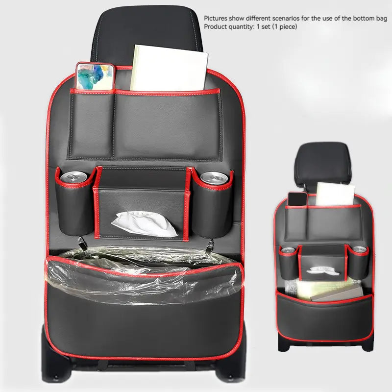 Car Seat Back Organizer with Kick Mat – PU Leather Multi-Pocket Backseat Storage Bag with Cup Holder for Travel & Universal Vehicle Use | OOLVS