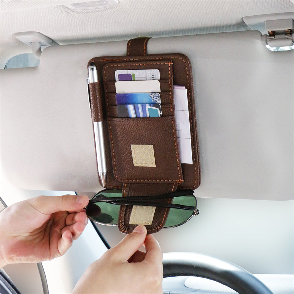 Car Sun Visor Organizer – PU Leather Multi-Pocket Eyeglasses Holder with Card, Pen, and Invoice Storage
