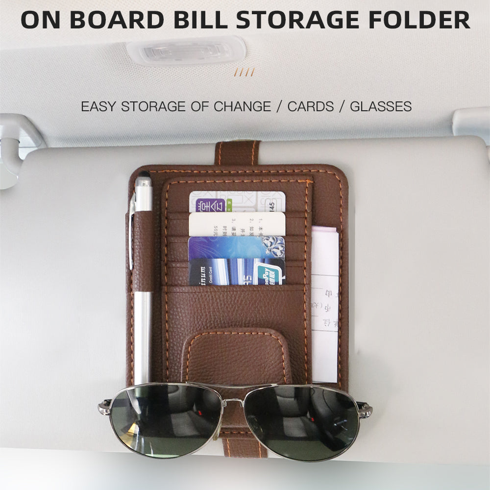 Car Sun Visor Organizer – PU Leather Multi-Pocket Eyeglasses Holder with Card, Pen, and Invoice Storage