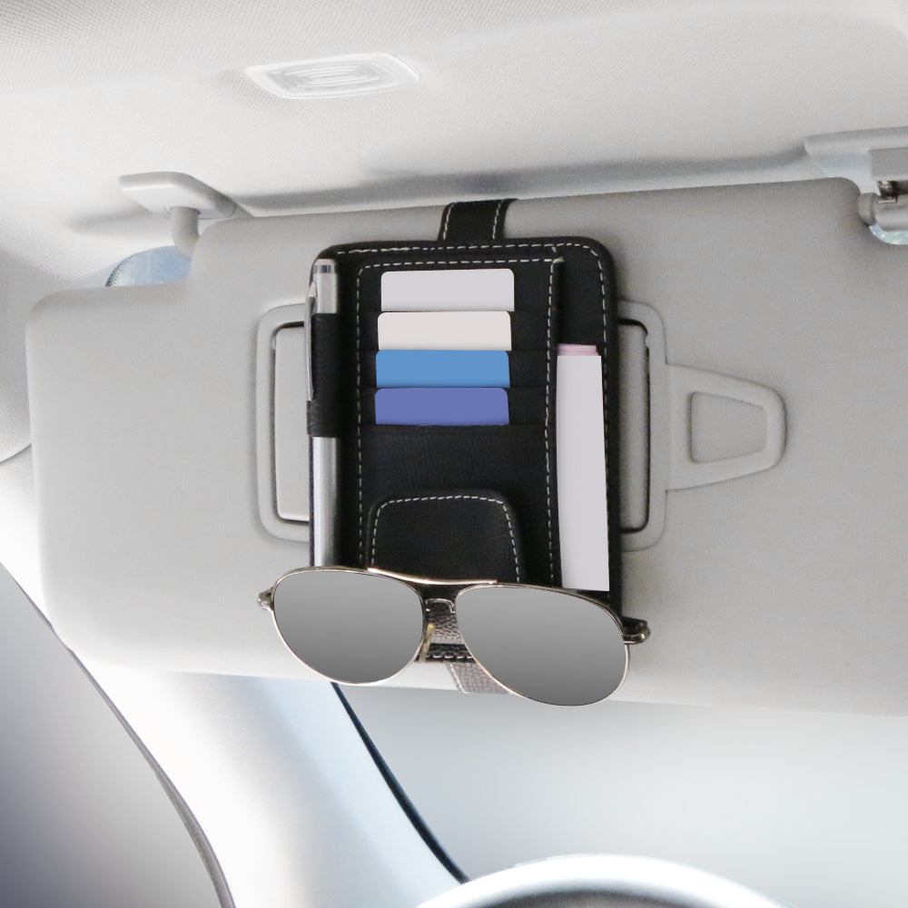 Car Sun Visor Organizer – PU Leather Multi-Pocket Eyeglasses Holder with Card, Pen, and Invoice Storage