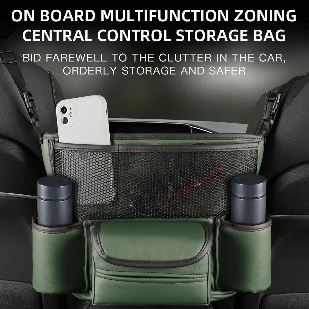 Nappa Faux Leather Seat-Gap Organizer – Large Capacity Purse & Console Double-sided Storage Bag Between Seats with Tissue Pockets & Phone Holder | OOLVS