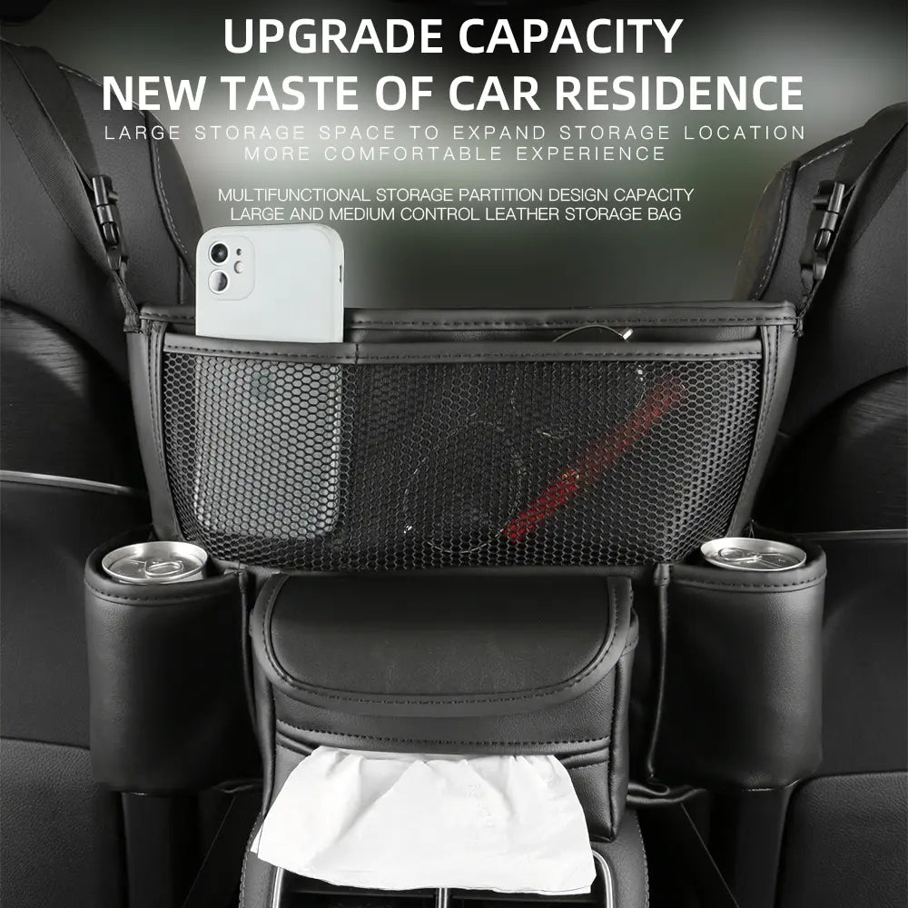 Nappa Faux Leather Seat-Gap Organizer – Large Capacity Purse & Console Double-sided Storage Bag Between Seats with Tissue Pockets & Phone Holder | OOLVS