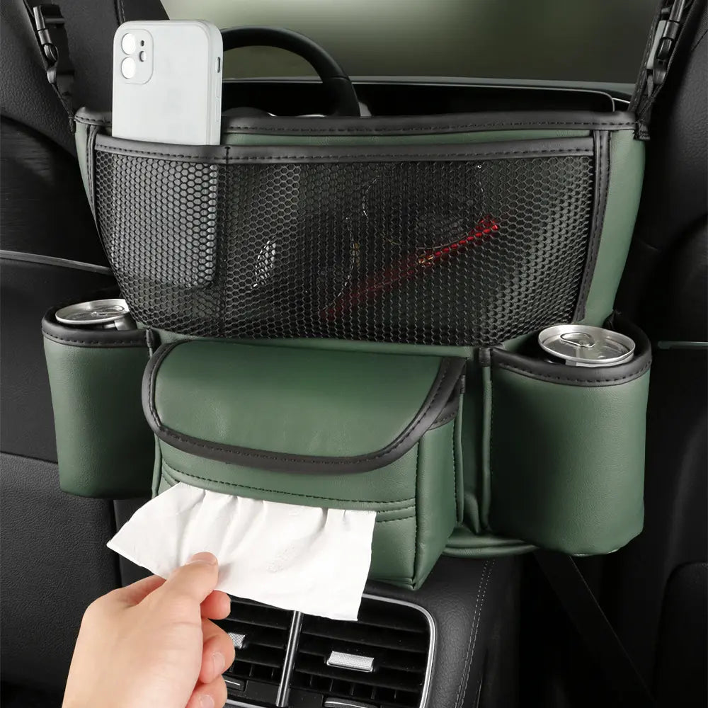 Nappa Faux Leather Seat-Gap Organizer – Large Capacity Purse & Console Double-sided Storage Bag Between Seats with Tissue Pockets & Phone Holder | OOLVS