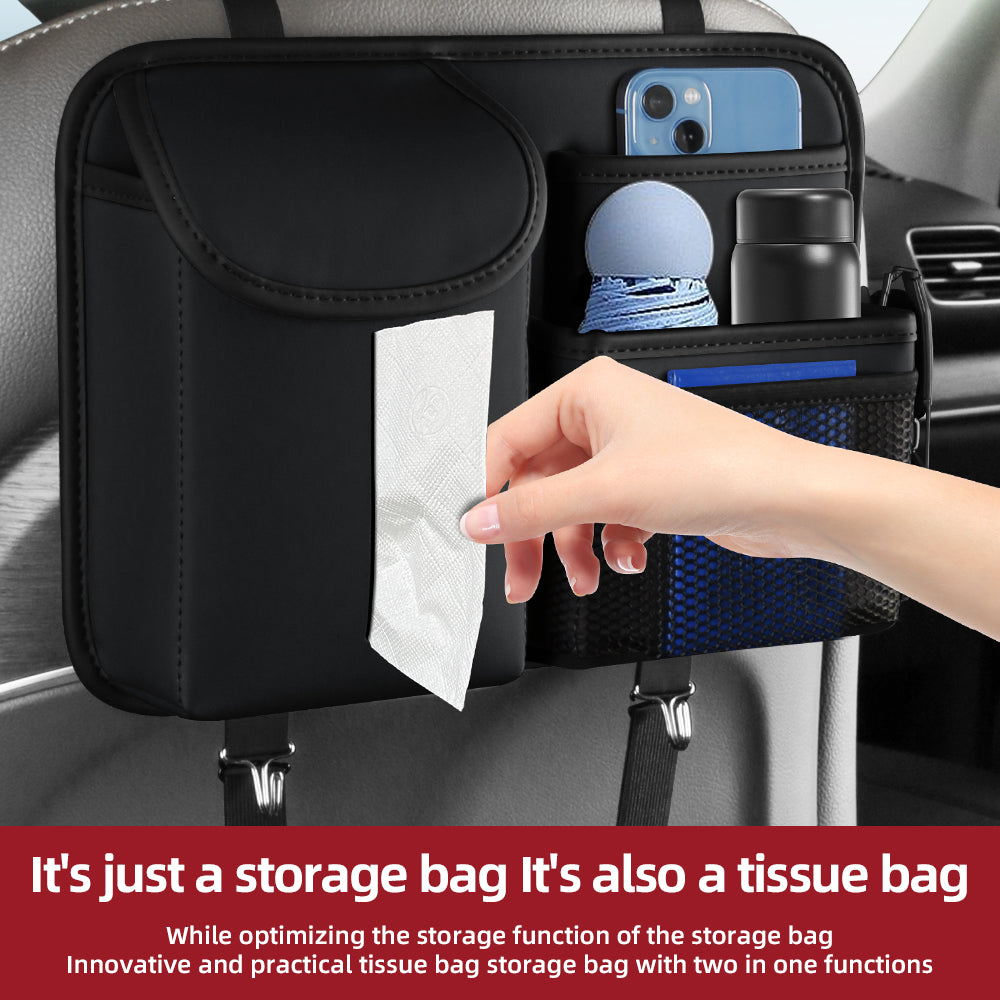 Premium PU Leather Backseat Car Organizer – Multi-Pocket Storage with Tissue Box & Hooks for Road Trips | OOLVS