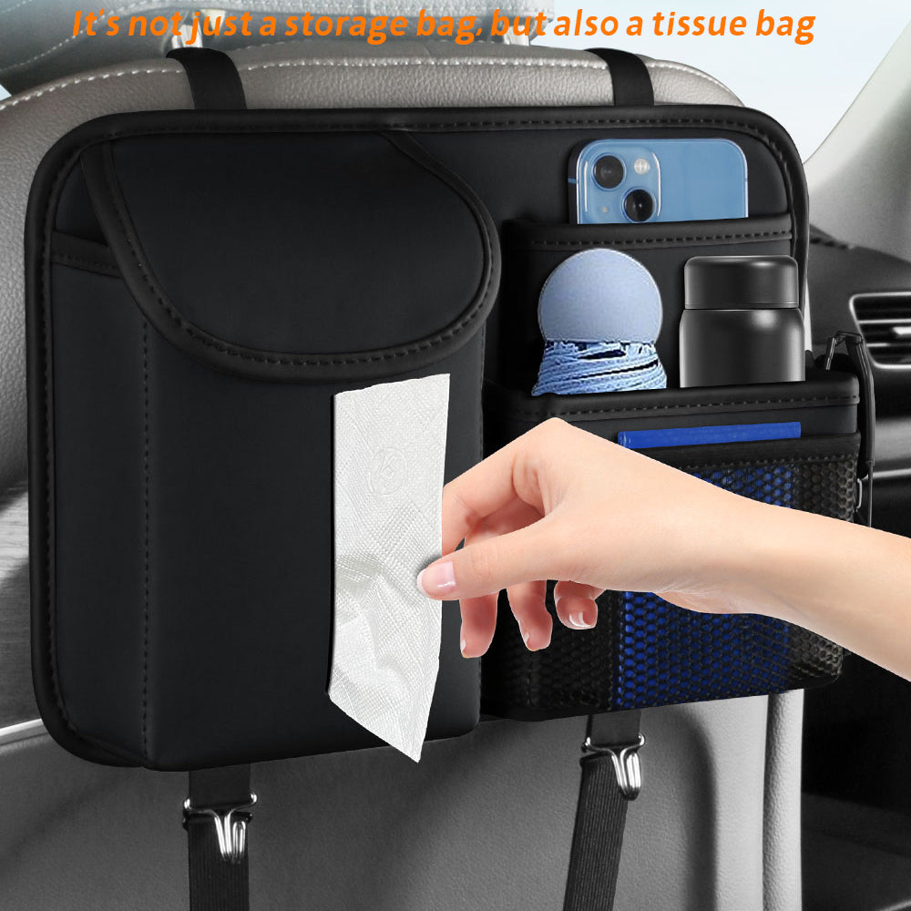 Premium PU Leather Backseat Car Organizer – Multi-Pocket Storage with Tissue Box & Hooks for Road Trips | OOLVS