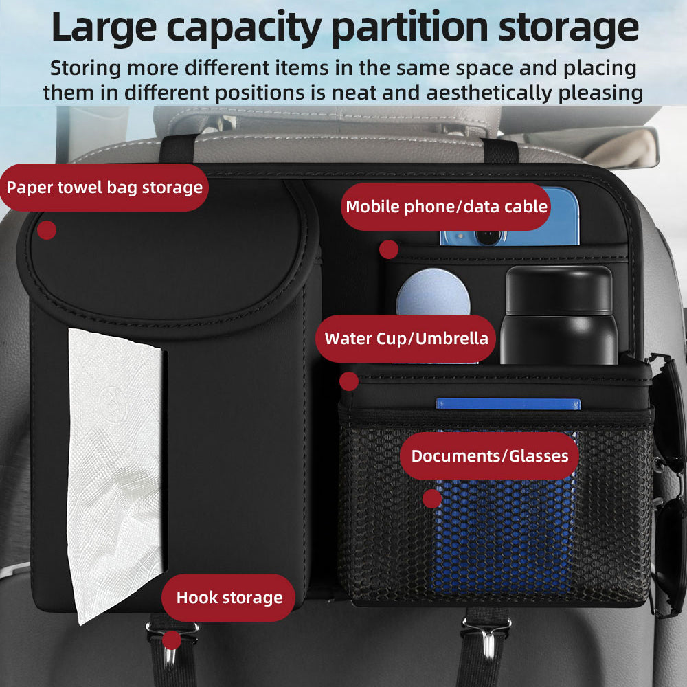 Premium PU Leather Backseat Car Organizer – Multi-Pocket Storage with Tissue Box & Hooks for Road Trips | OOLVS