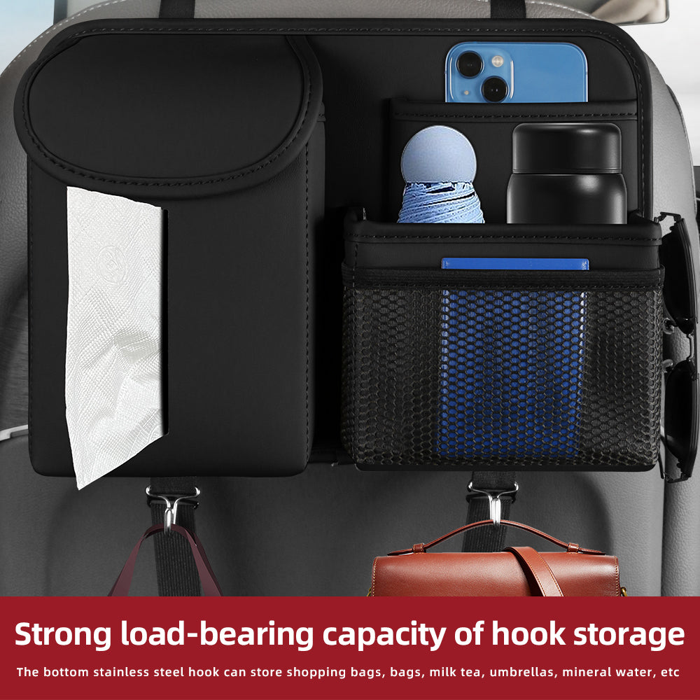 Premium PU Leather Backseat Car Organizer – Multi-Pocket Storage with Tissue Box & Hooks for Road Trips | OOLVS