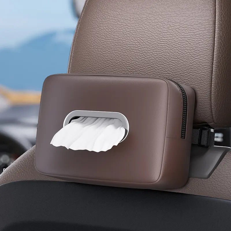 PU Leather Car Tissue Holder with Silver Arc Opening – Backseat Napkin Box Cover Fits 120 Tissues, Auto Interior Organizer | OOLVS
