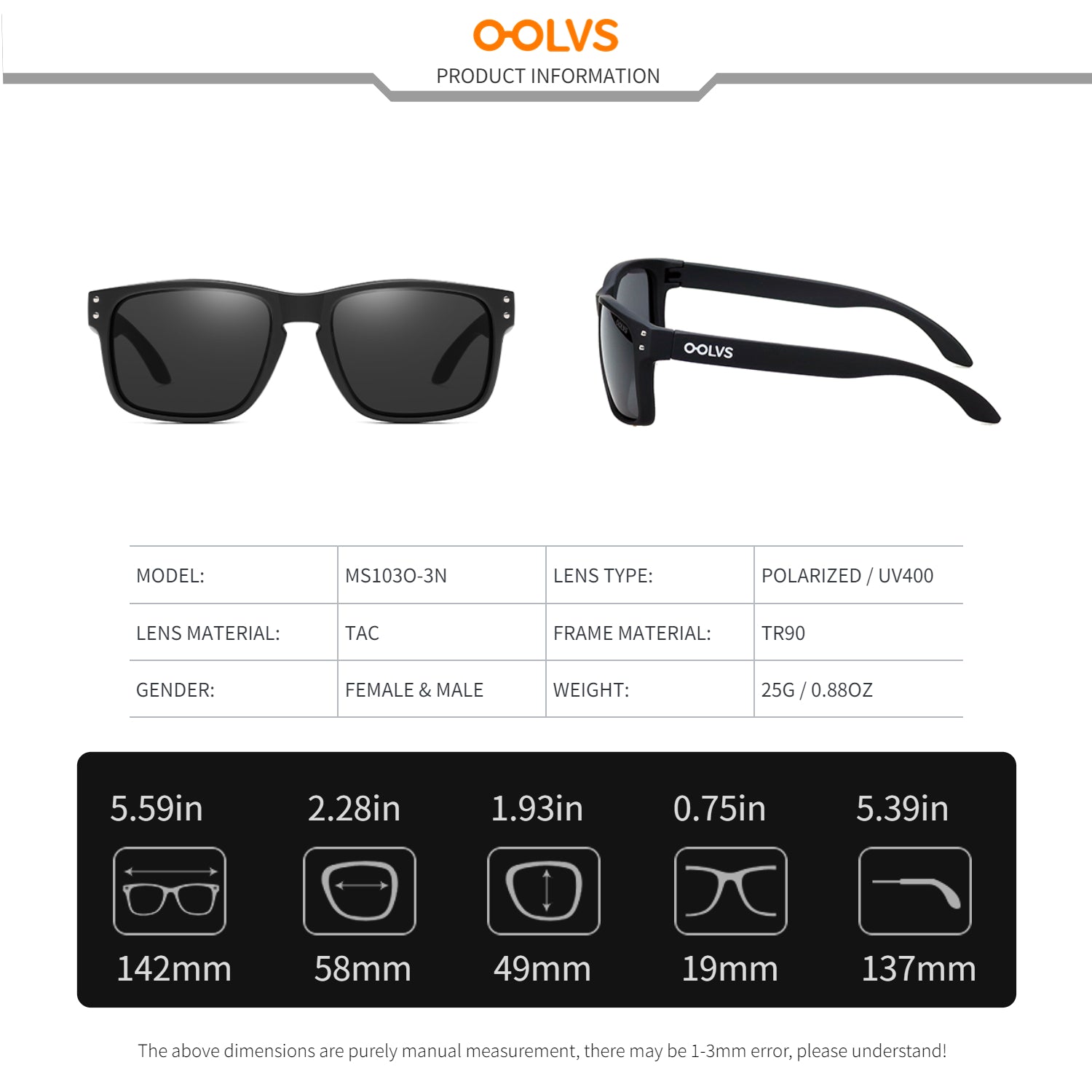 OOLVS Men Sports Polarized Sunglasses, Driving Fishing Cycling Square Sun Glasses, Protective Glasses, Classic Women Spectacles Fashion Frame Gafas De Sol